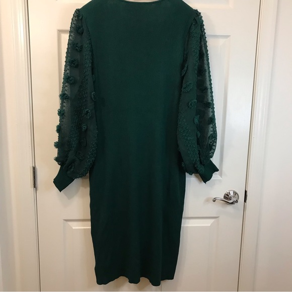 Hunter Green Sweater Dress 4X, Long Sleeve Swiss Dot Sheer Sleeve, Stretch Knit - Picture 8 of 14